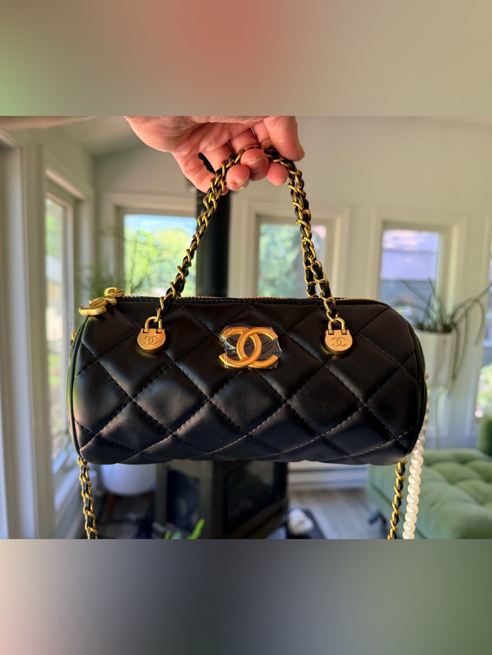PRICE FIRM*** Chanel MAKEUP Black Bowling Bag w Gold Hardware Dual Strap Carry